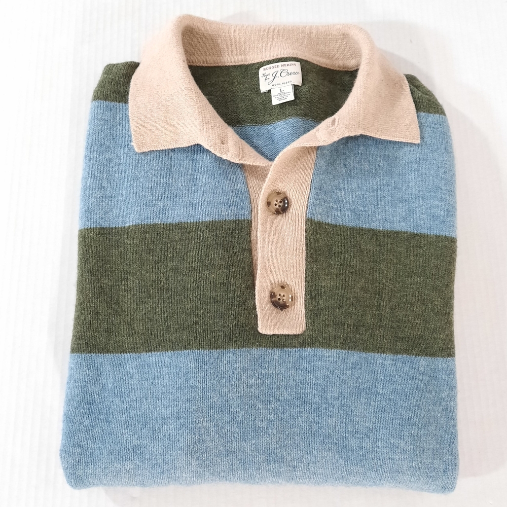 J. Crew Olive Green and Light Blue Striped Rugby Sweater with Cream Collar - Picture 4 of 5